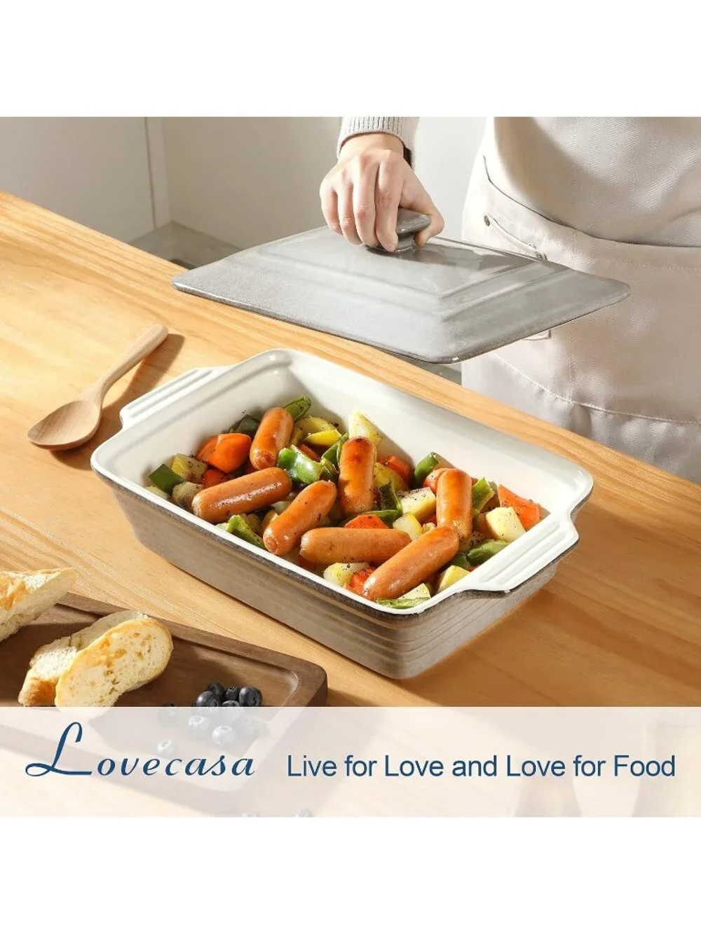 4.5 Quart Grey Ceramic Casserole Dish with Lid Oven Microwave Baking Pan